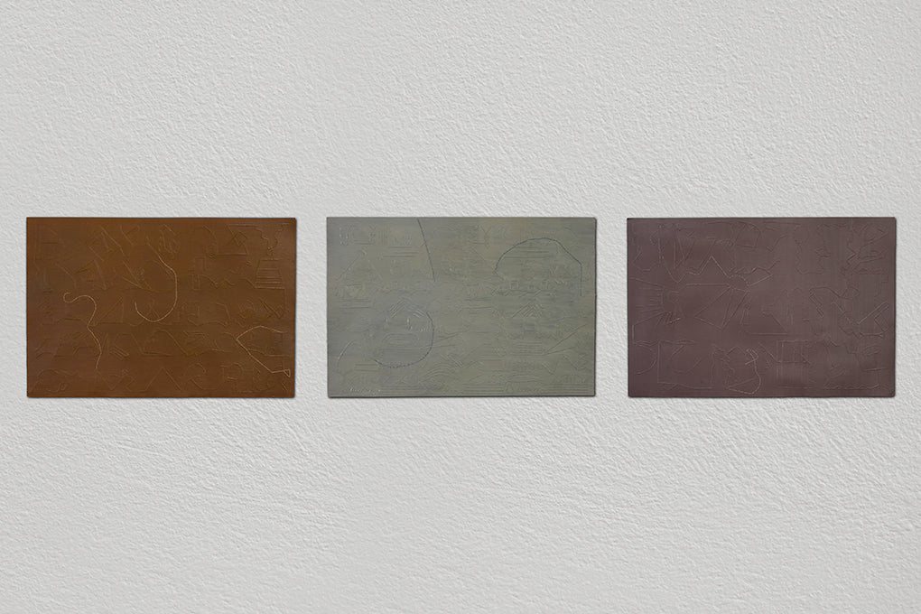 Apparently Trilogy – three small horizontal panels by Terese Garcia in flat warm rust, cool grey-green, and deep reddish brown exploring seriality and colour relationships