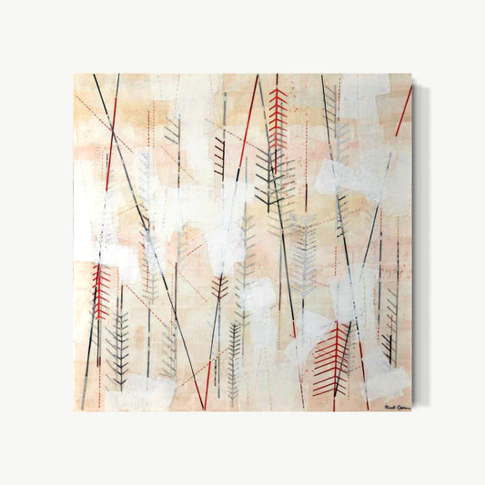 Neither Here Nor There – encaustic painting by Goren with tall spear-like marks in black and deep red rising from warm cream ground, some branching like winter trees, others arrow-like, unsettled quality between states before resolution