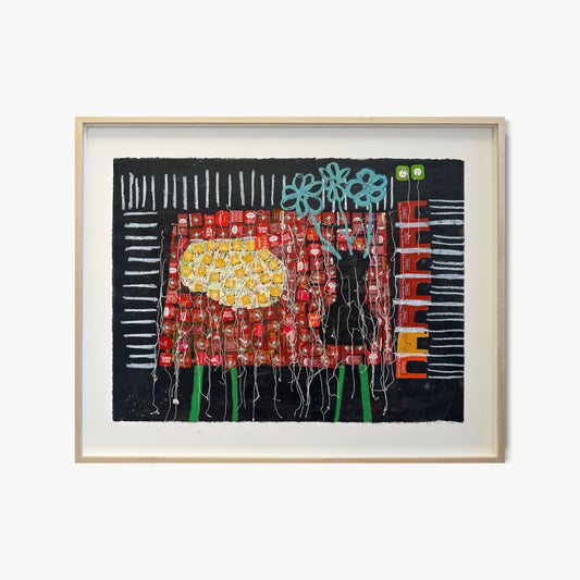 Piano Lesson at the Kitchen Table – mixed media painting by Corcelle in deep red, black, and gold with vertical marks suggesting musical notation and printmaking grid patterns