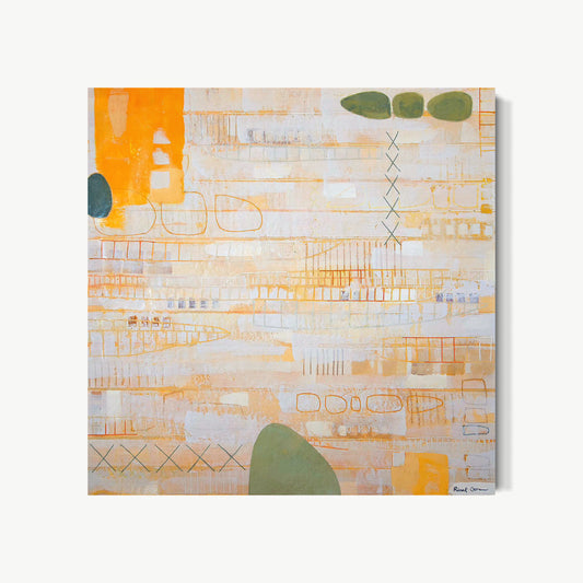Signs and Languages – encaustic painting by Goren with horizontal bands of warm gold and cream carrying rows of crosses, dashes, ovals, and looping mark-language just beyond comprehension, two large organic green forms anchoring lower register