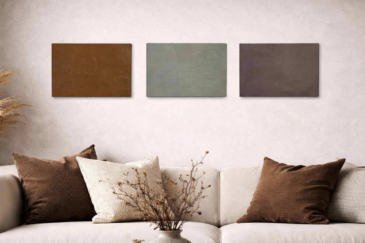 Apparently Trilogy by Terese Garcia – three panels displayed in room context