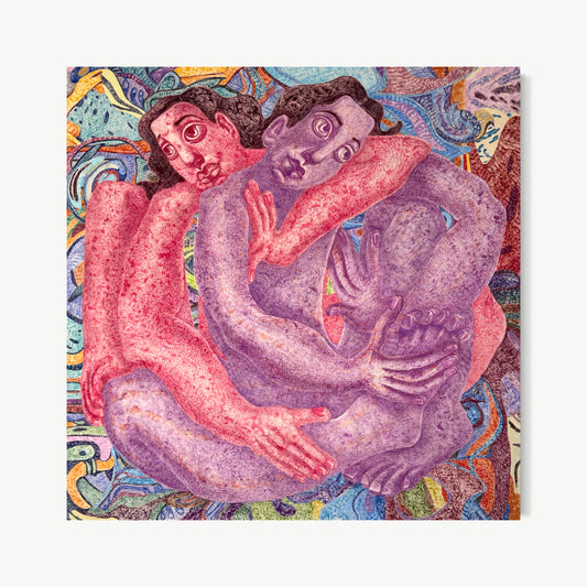 Twins – figurative oil painting by Vorona with two figures in rose and violet embracing at center of swirling colorful background, depicting human connection and tenderness