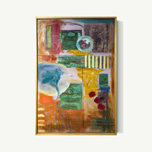 Dreamscape – mixed media painting by Lesley with soft blue and green washes balanced against warmer ochre and coral fields, graphic marks and circular forms introducing rhythm, translucency and texture emerging organically from layered process