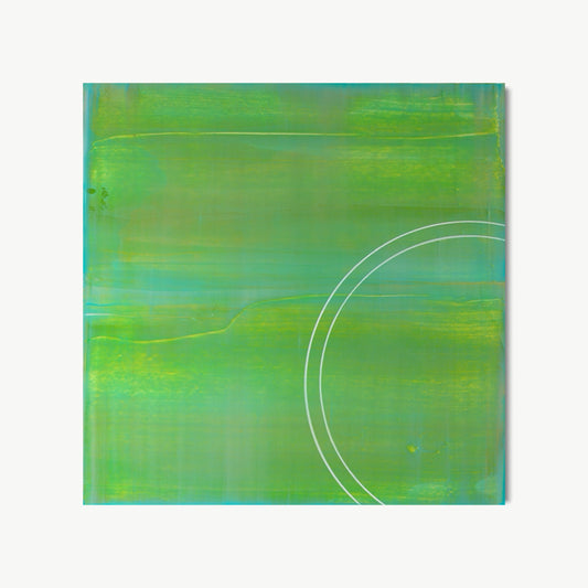 Evolution of a Circle #4 – painting by Koury with single large white circle on a saturated fresh green surface shifting between yellow-green and teal, open and light-filled