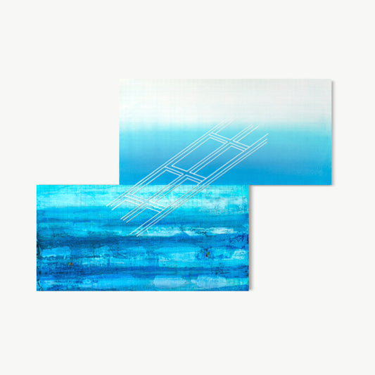 Floating Grid Diptych – two offset panels by Koury in pale sky-blue to rich cobalt gradient with delicate white grid structure drawn across both, floating without anchoring