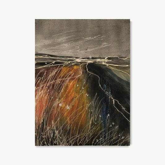 Lightning and Thunder – kinetic mixed media painting by Batia of a stormy field with white scratch lines cutting across dark sky and bent grasses on deep rust-orange and black ground capturing physical shock of a lightning strike