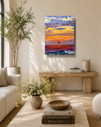Apókalypsis by Javiera da Fonseca Ilić, abstract seascape painting with a vibrant sunset over the ocean