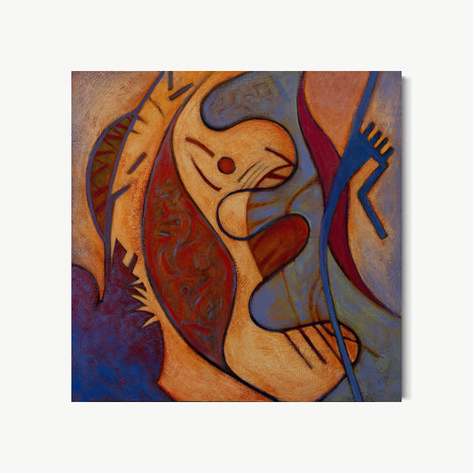 Refugio – painting by Ruiz in warm amber, terracotta, and deep red with central figure-like form reaching into a field of marks and patterns, about the search for shelter and safe place in layered printmaking vocabulary