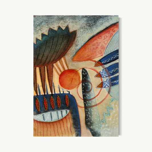 Naves – small painting or print by Ruiz with multiple boat forms in warm sand and terracotta with patterned surfaces suggesting ceremonial ancient vessels of passage and crossing