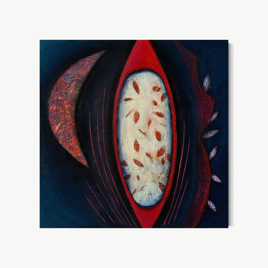 Luna – painting by Ruiz with boat form opening like a seed pod around a glowing white interior with leaf-like marks, surrounded by deep red and black, moon and boat as containers of precious things moving through darkness