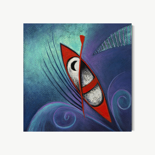 Serenity – painting by Ruiz with red boat riding deep teal water under absolute stillness with moon marking the vessel interior and fine wake lines, boat as solitude and inner life moving through the world