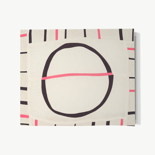 PORTAL VI – hand-dyed textile artwork by Panda Landa with central circular anchor and gentle linear rhythm, soft pink band moving through the composition with confident tension, nuanced dye variations with warmth and personal humanity