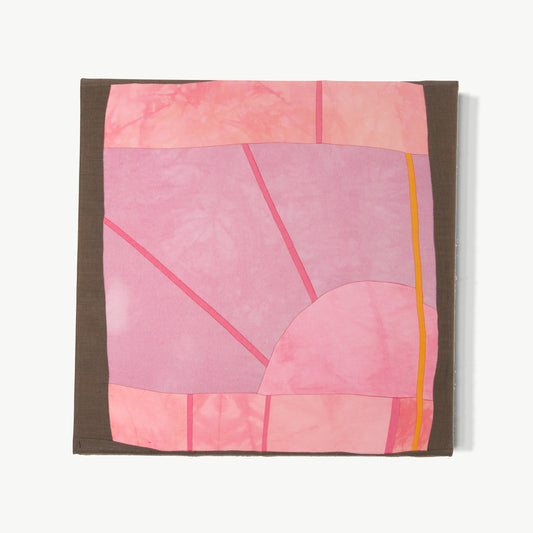ECLIPSE V – hand-dyed textile artwork by Panda Landa with fields of rose, blush, and soft mauve, curved eclipse form, visible happy accident dye variations, desert Flamingo Heights sunset palette with warmth and diffusion