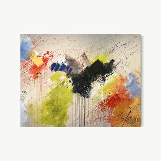 Heart and Soul – large diptych painting by Shields on warm sandy ground with bold masses of chartreuse, black, red, cobalt blue, and orange each holding territory while the whole canvas pulses with energy, fine red and black drips and loose scribbled lines