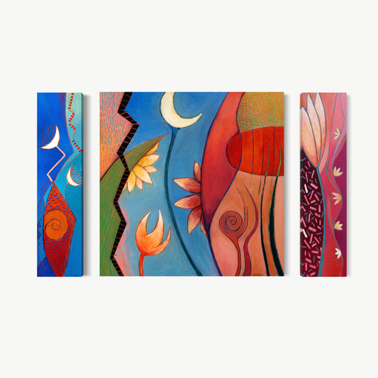 Jardin Magico – triptych-like horizontal painting by Ruiz in vivid blue, red, and warm gold with botanical forms, crescent moon, spiral, and flower across three vertical panels, joyful and expansive
