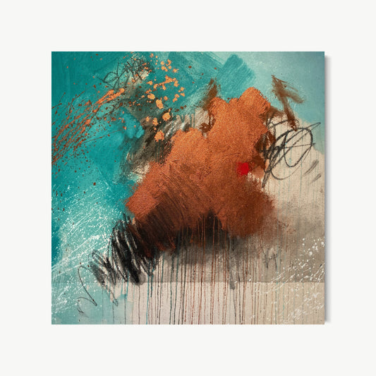 Hope #2 – intimate abstract painting by Shields at 24 by 24 inches with rich copper form pushing urgently against teal, single fierce red dot at its heart like an ember, graphite spirals and dark coil suggesting gathering movement