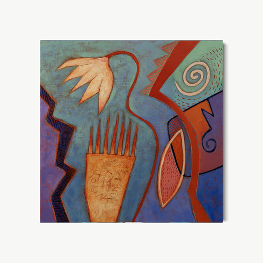 Brotar – painting by Ruiz with white hand-like form reaching upward through deep blue, teal, and warm amber with fingers spread open against swirling background of emergence and growth toward light