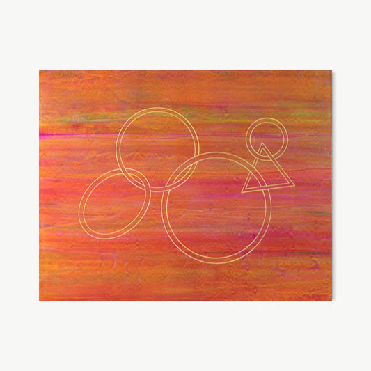 The Basics – painting by Koury in warm burnt orange and amber-red with horizontal surface energy and white-drawn interlocking circles and triangle from the Back to Basics series