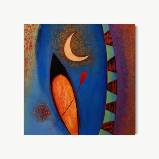 Barca Luna – painting by Ruiz with crescent moon nested inside a boat nested inside deep blue night, with geometric amber and teal tile-like forms on the right suggesting a city at night