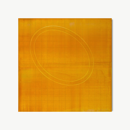 Evolution of a Circle #3 – painting by Koury with single large white circle against smooth warm amber-gold ground in a moment of clarity within the sequence