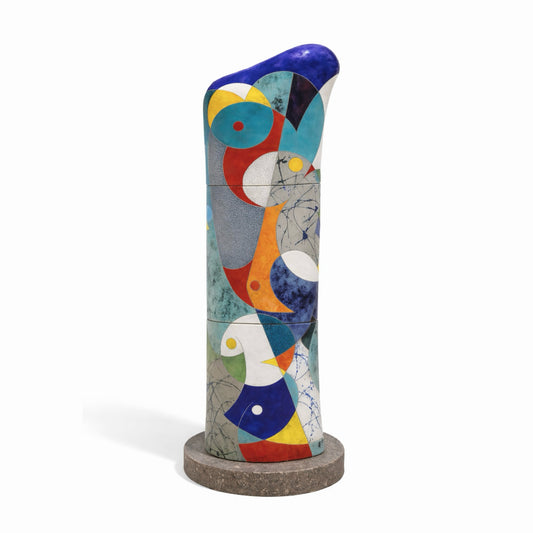 Call the Sea – tall studio raku ceramic column by Gustavson with geometric forms in warm reds and oranges at base shifting to cooler blues and whites above with Pollock-inspired dripped glaze passages