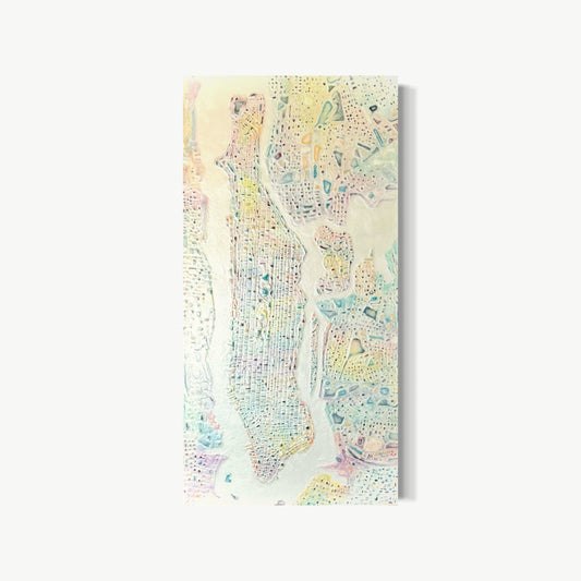 The Carrie Diaries – topographic map artwork by Miriam with city streets in thick raised acrylic relief applied with custom cake-decorating-style tool, based on real Google Maps data with organic fluid rhythm