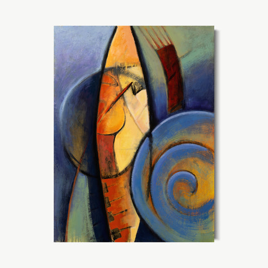 Navegar – mixed media painting by Ruiz with boat-like form at the intersection of warm amber and deep blue with spiral anchor symbol, about navigation, water crossed, and journeys between lives