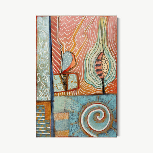 Labarinto – small painting by Ruiz in warm terracotta, blue, and sandy tones with winding labyrinth passages and spiral forms on printmaking-textured surface worn by time and touch