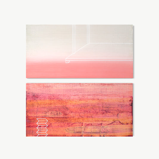 In Repose Diptych – two stacked panels by Koury in soft pink and warm rose-amber with small white compressed grid form in lower panel, composition at deliberate rest