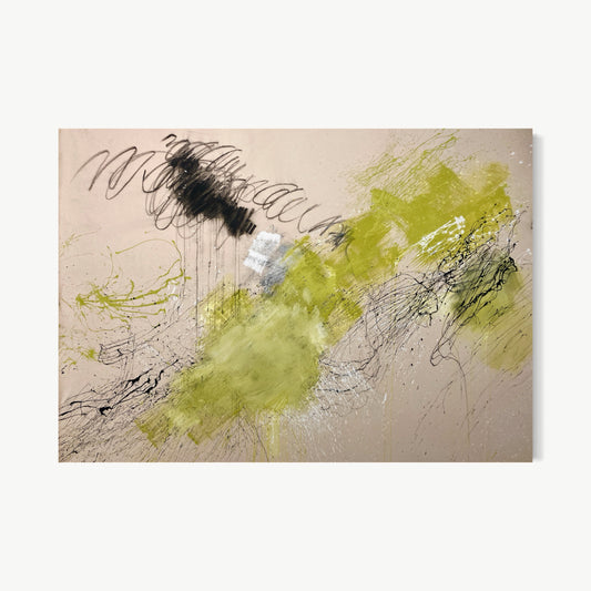 Chartreuse Mantra – large abstract painting by Shields at 62 by 80 inches with luminous chartreuse sweeping diagonally across warm sand ground, graphite spirals and marks with restless searching alive rhythm