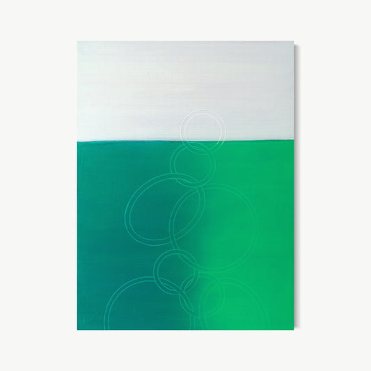 Blended Wave – painting by Koury with soft white above and saturated emerald green below, lightly drawn interlocking circles at the wave boundary between two conditions