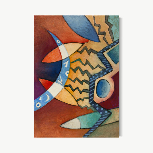 Flotando – small painting by Ruiz with bird or boat form drifting through warm amber and teal ground with patterned surfaces suggesting water and sky simultaneously