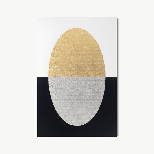 Tapestry of Mutuality – painting by Koury with two ovals in warm antique gold and cool silver-grey touching at a shared edge against a black ground, exploring the relationship between different surfaces