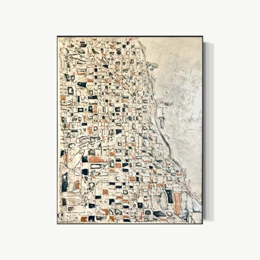 Chitown – topographic map artwork by Miriam with Chicago streets in thick raised acrylic relief drawn with custom tool from real Google Maps data, deeply tactile and meditative