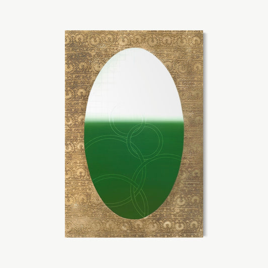 Tapestry of the Land – painting by Koury with large vertical oval in deep solid forest green with delicate circle motif, framed by antique-gold textile-patterned ground