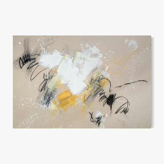 Happiness – large abstract painting by Shields at 72 by 82 inches on raw canvas with white forms tumbling freely through center, gold trails arcing with abandon, and graphite marks looping like handwriting in a private journal