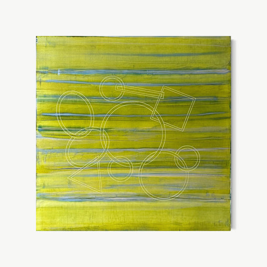 Worlds Within Worlds – painting by Koury in warm chartreuse and yellow-green with bold horizontal silver-gray bands and white-drawn circles, rectangle, and triangle from the Back to Basics series