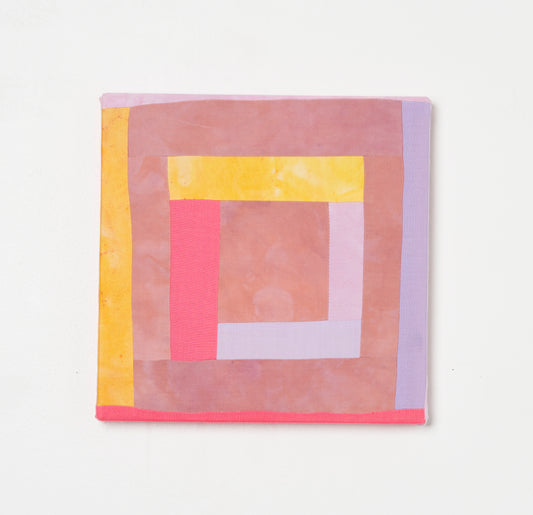ALTAR VII – hand-dyed textile artwork by Panda Landa with layered bands of blush, sun-warmed yellow, soft coral, and muted neutrals forming centered architectural composition with meditative stillness