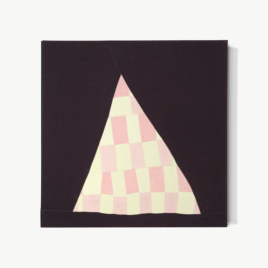 VESSEL III – hand-dyed textile artwork by Panda Landa with luminous checkered interior glowing from within deep grounding field, soft blush and pale citron tones with triangular architectural vessel form suggesting containment and inner space