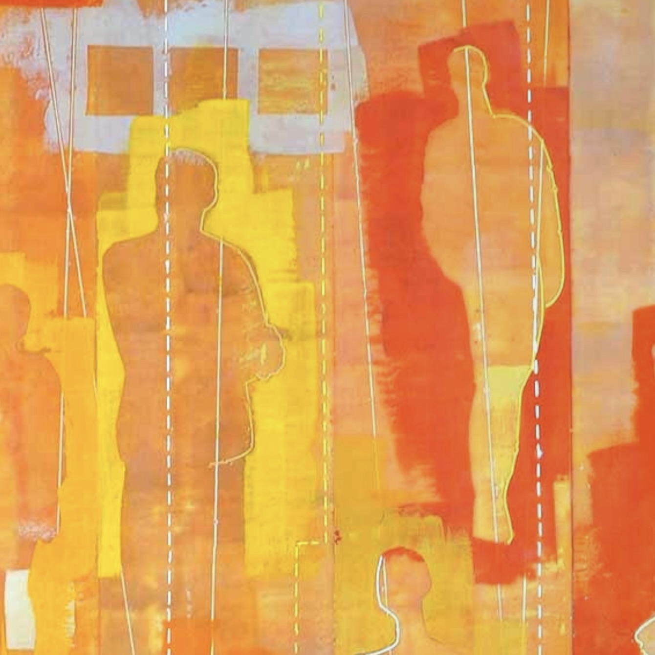 All In This Together II by Goren – close-up of barely suggested and more solid figures in warm orange encaustic ground