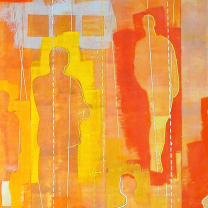 All In This Together II by Goren – close-up of barely suggested and more solid figures in warm orange encaustic ground