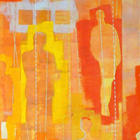 All In This Together II by Goren – close-up of barely suggested and more solid figures in warm orange encaustic ground