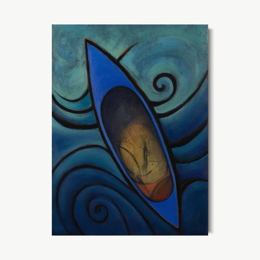 Aguas Azules – painting by Ruiz with sleek blue boat cutting through deep swirling water holding a small golden world inside, spiral wave forms from printmaking vocabulary