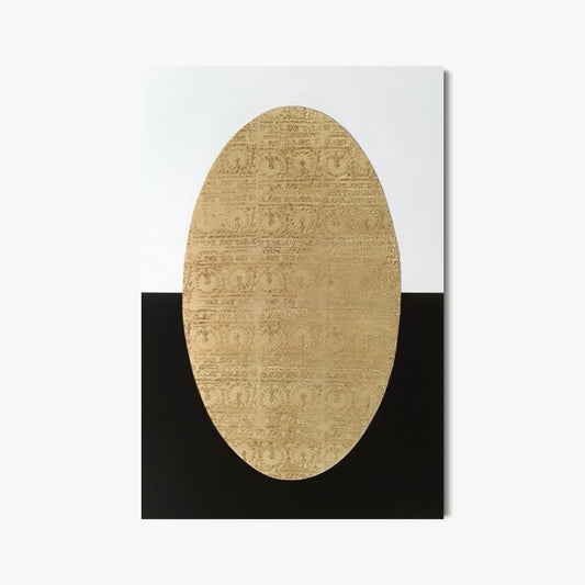 Tapestry of Nature’s Balance – painting by Koury with single large antique-gold textile-patterned oval sitting at the threshold between stark black lower ground and white upper field