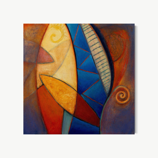 Cambios – painting by Ruiz in warm amber, deep blue, and ochre with boat-like form cutting diagonally through canvas while spiral and geometric elements fill surrounding space on printmaking-textured surface