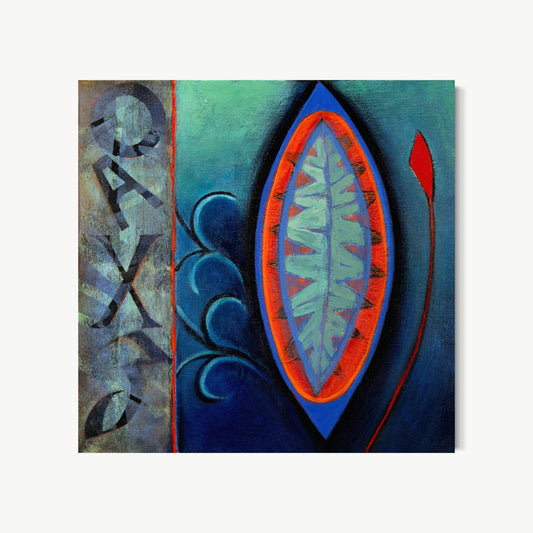 Olas – painting by Ruiz with boat form in an oval of deep blue surrounded by partially legible letters and marks where water and language hold together in a meditative square