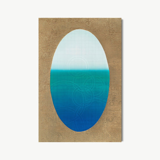Tapestry of Tropical Waters – painting by Koury with large vertical oval in aqua to cobalt blue gradient evoking tropical water over white sand, framed by antique-gold textile-patterned ground