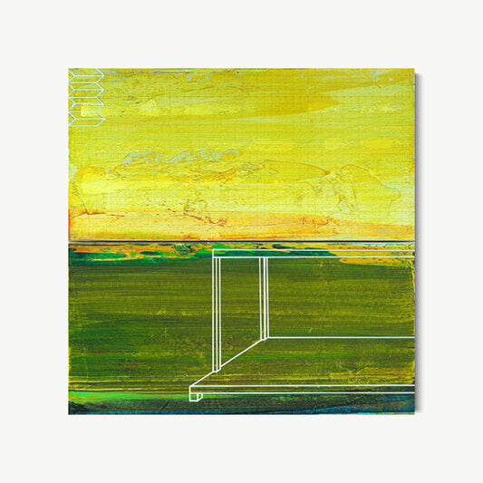 Golden Landscape Diptych – two-panel painting by Koury with warm yellow-gold above and deep olive-green below evoking late afternoon field and earth, with white geometric architectural form drawn in lower panel