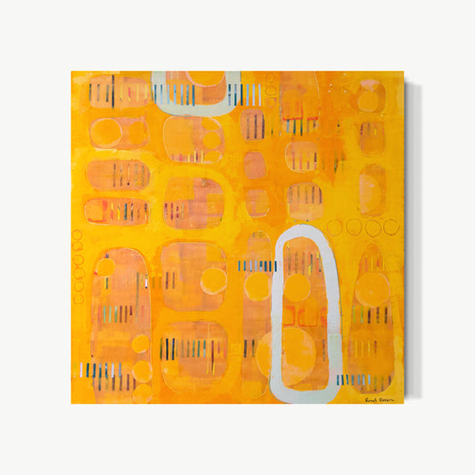 Almost There – encaustic painting by Goren with warm golden ground covered in rounded rectangular forms, loops, and marks suggesting notation or language still being decoded, thought almost completed