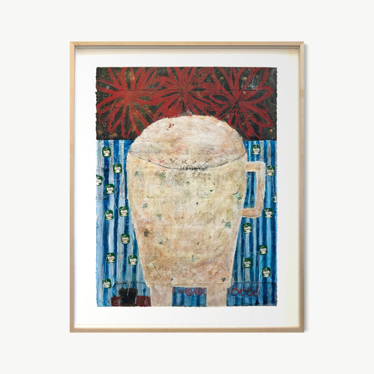 Ivory Whisper – large framed mixed media painting by Corcelle with pale vessel form emerging from richly patterned red, blue, and cream ground